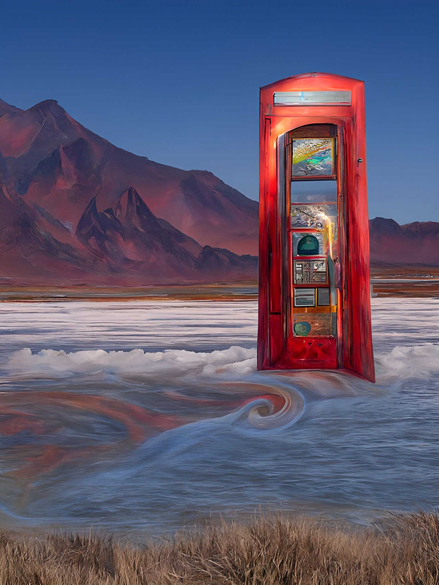 Psychedelic Phone Booth in Colorful Cosmic Landscape