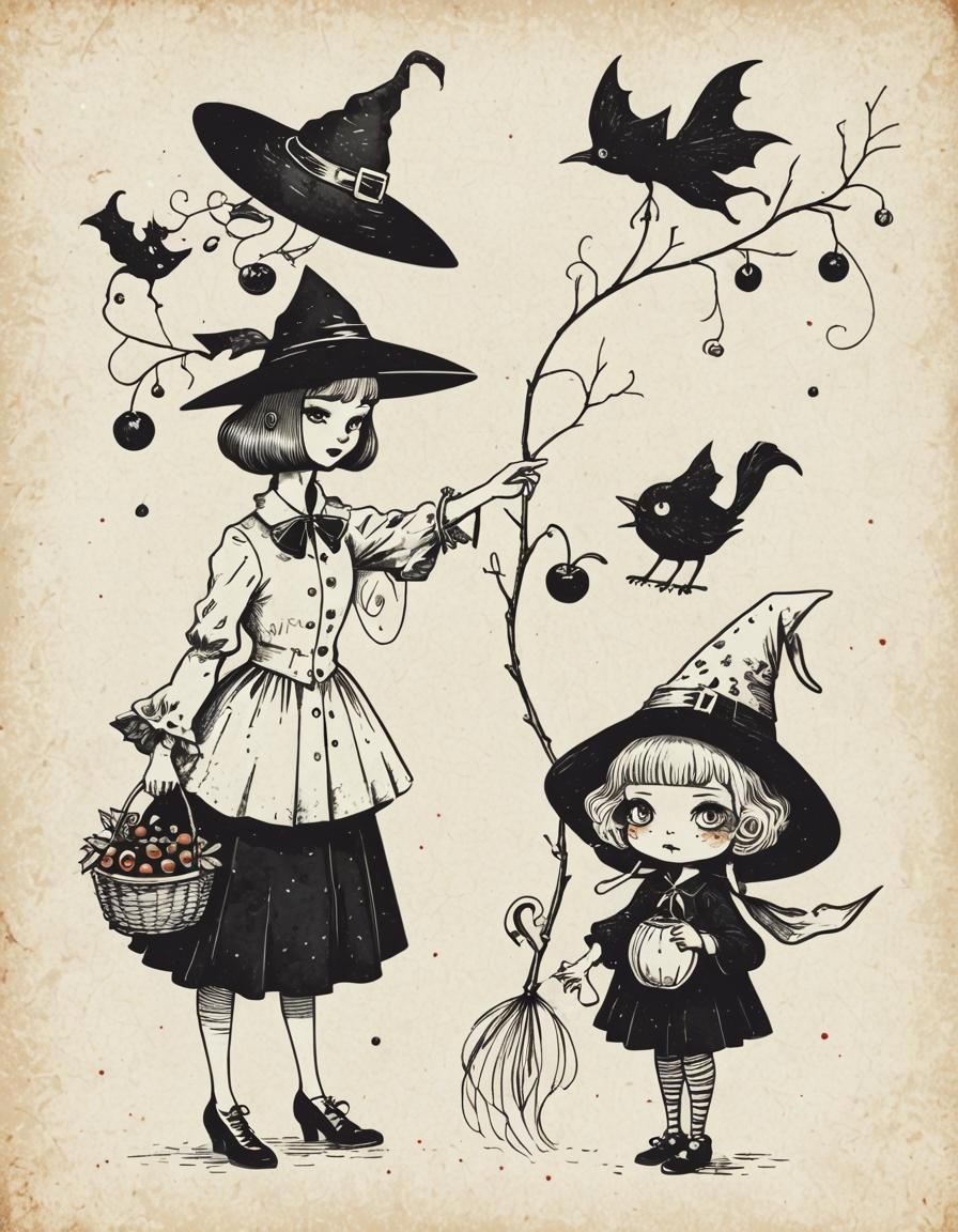 Retro Illustration of Witchy Girl and Cherry Girl