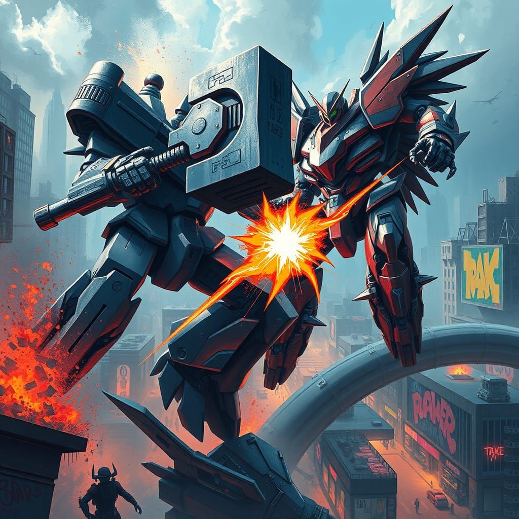 Epic Mecha Battle in a Futuristic Cityscape