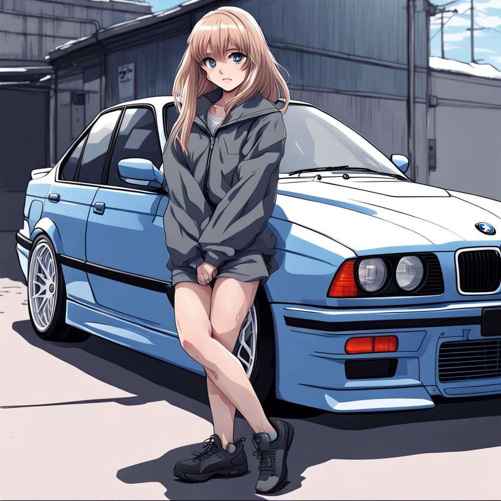 Anime Girl with 1995 BMW M3 in Manga Style