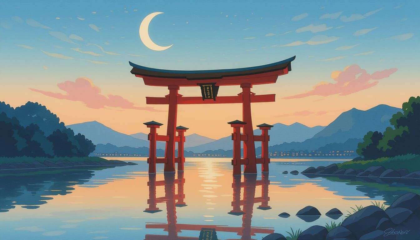 Red Torii Gate in Sumi-e Ink Painting Style