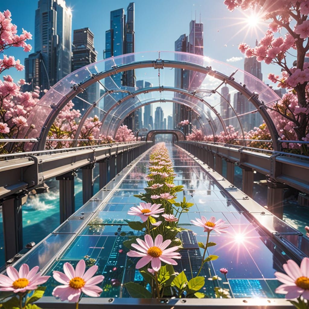 Surreal Solarpunk Cityscape Reveals Translucent Bridge