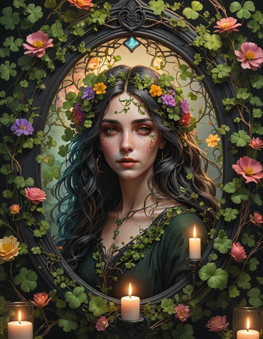 Shamrock Vines Entwined on Gothic Frame, Realistic Art