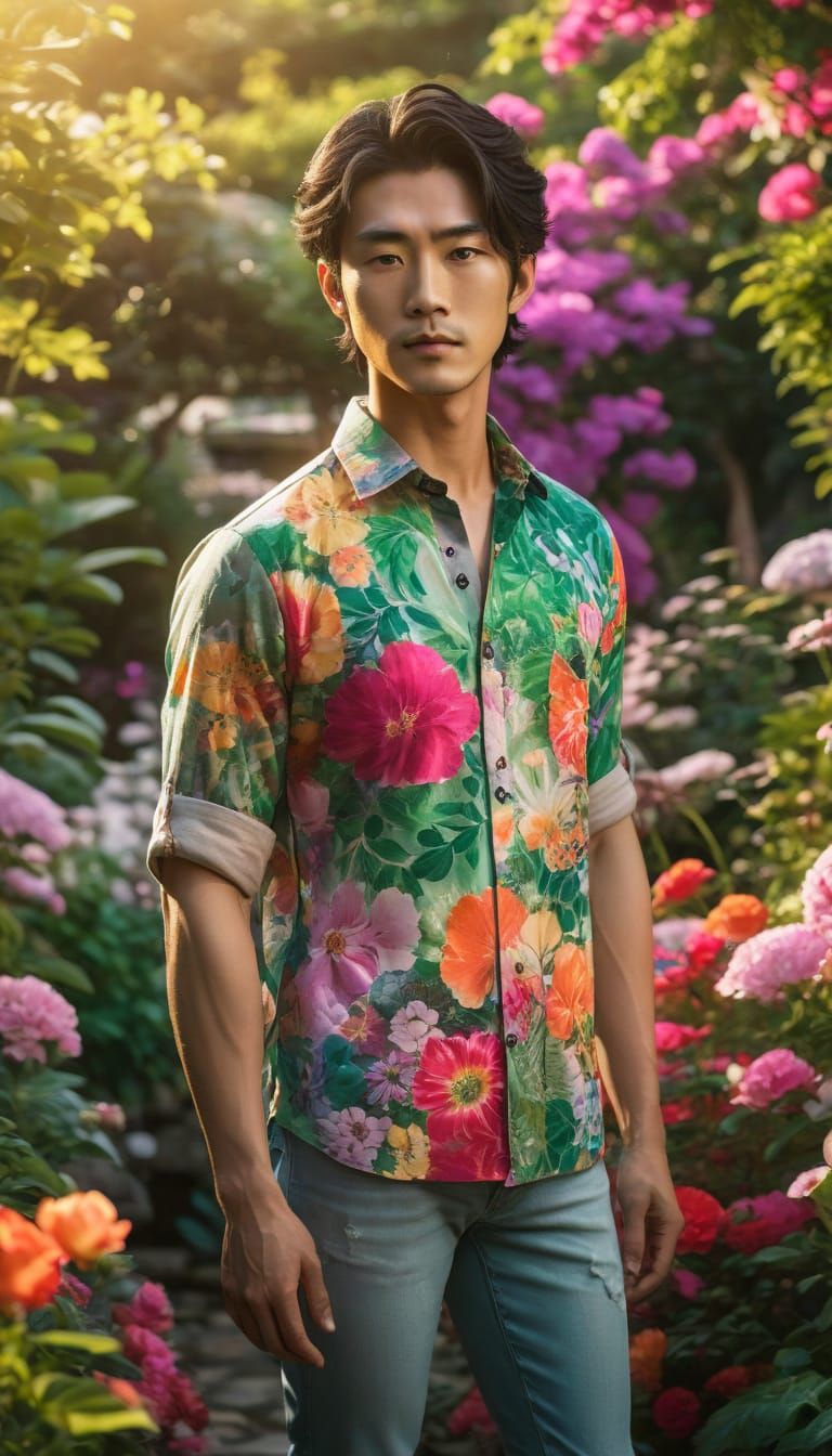 Gay Man in Vibrant Flower Garden at Golden Hour