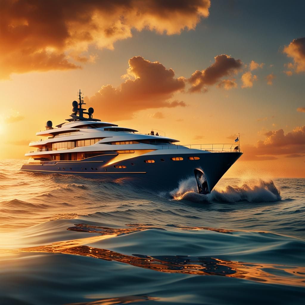 Luxury Yacht at Golden Hour with Dolphins