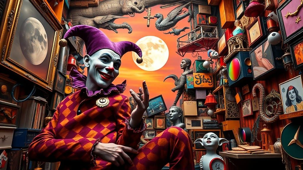 Surreal Jester Poses in a Maximalist Wonderland