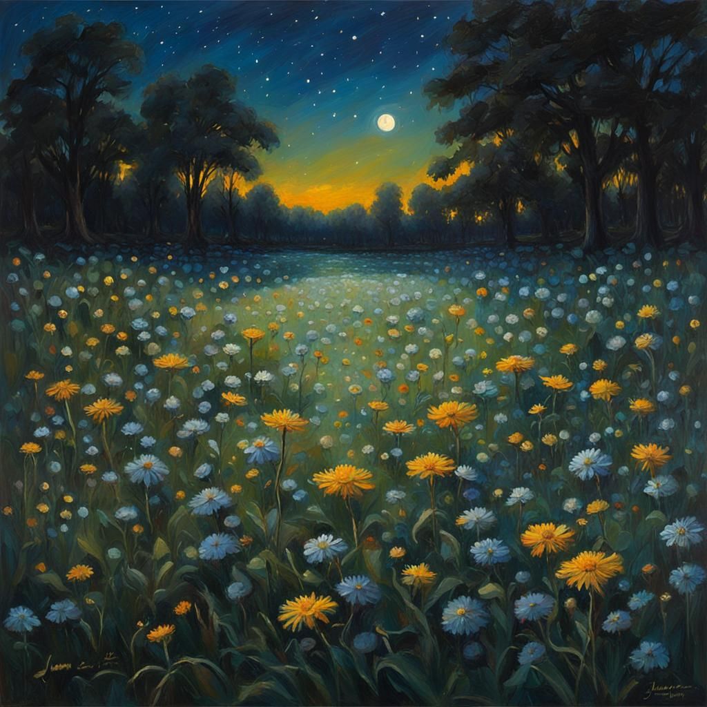 Night Meadow Ablaze with Fireflies: Oil Painting