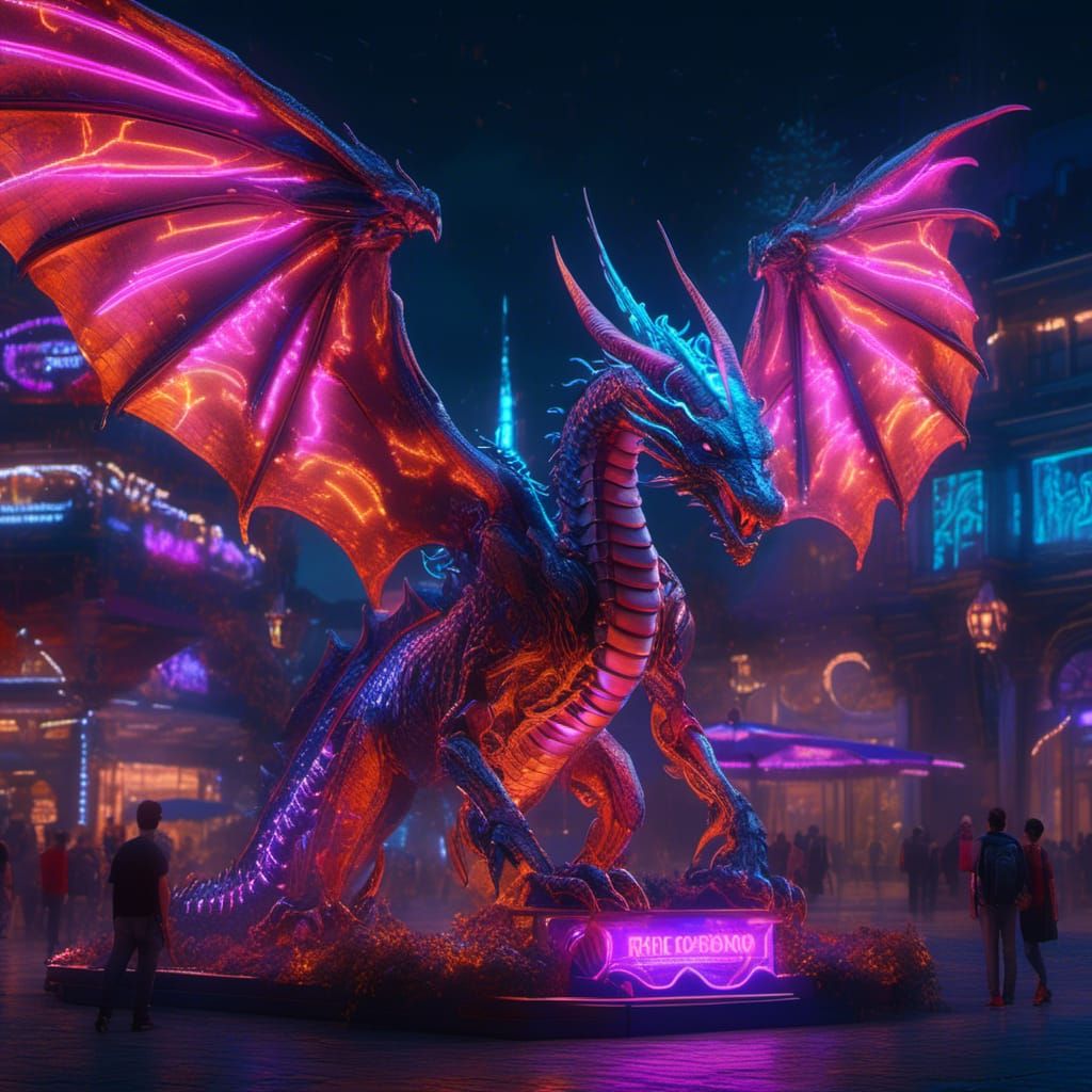 Biomechanical Dragon Flying in Cyberpunk Cityscape