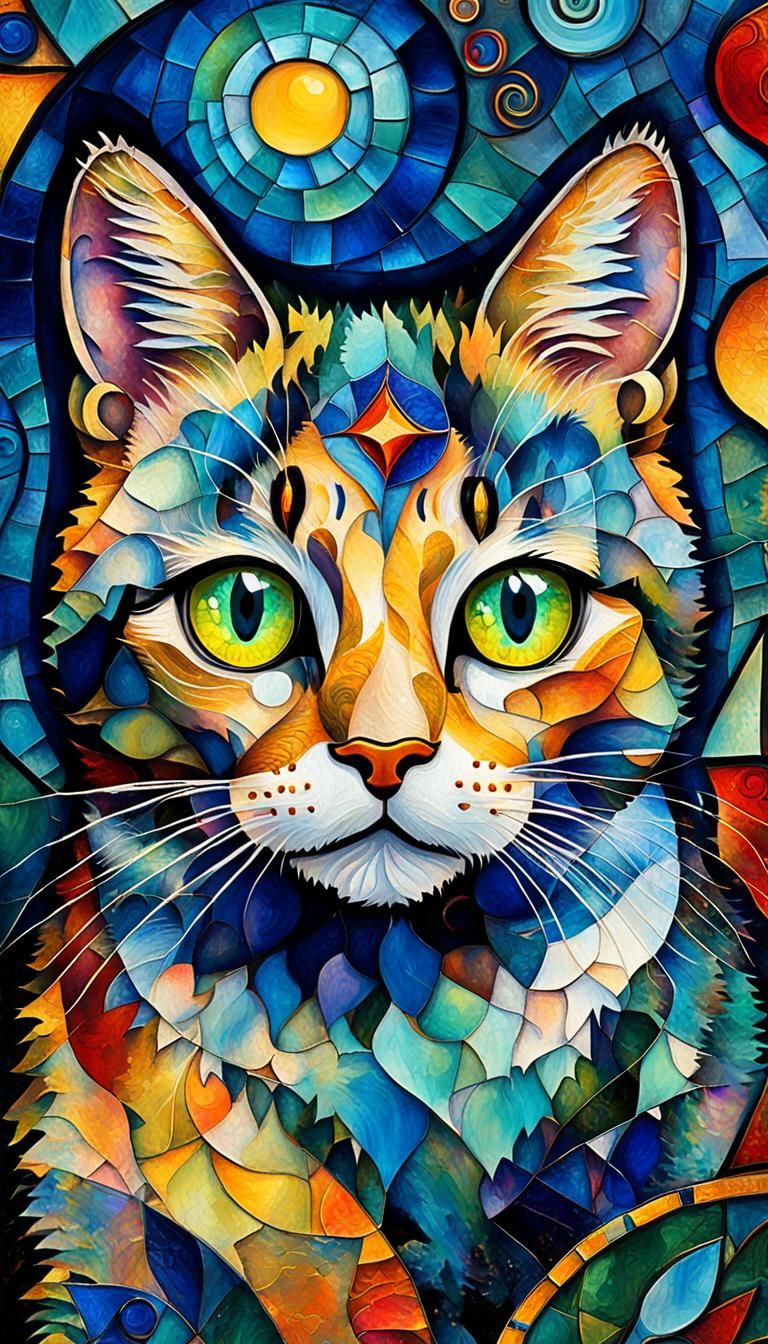 Mystical Cat Portrait in Folk Art Abstract Style