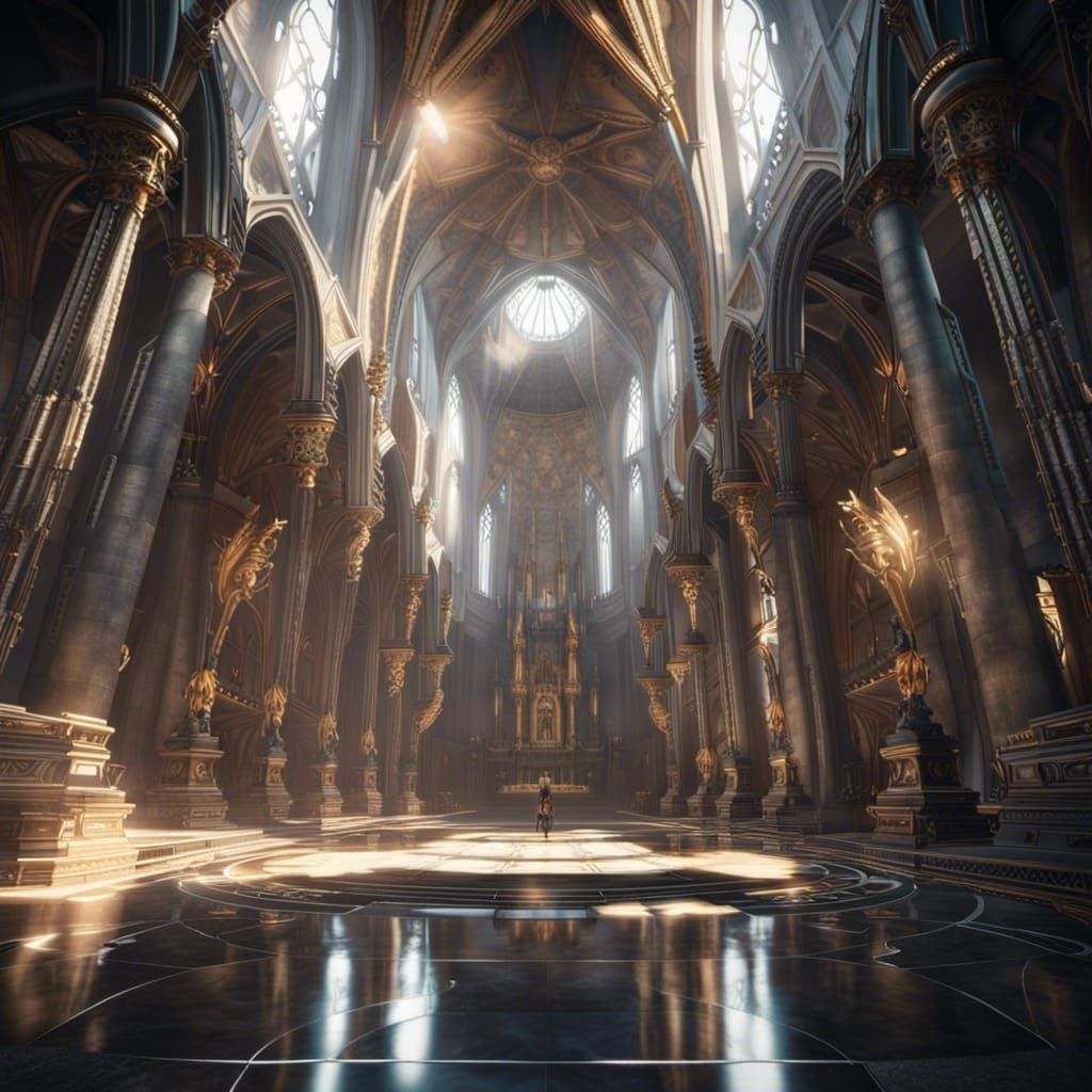 Futuristic Gothic Cathedral Interior with Stone Lions