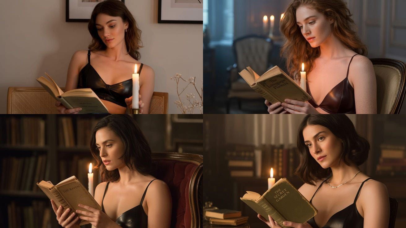 Woman Reading by Candlelight in Leather Bralette