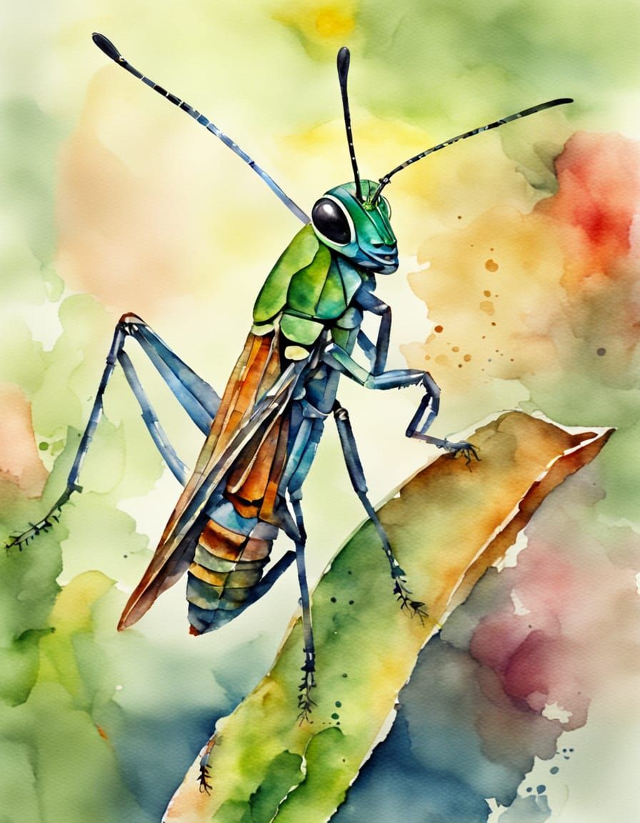 Abstract Watercolor Grasshopper: Colorful Art
