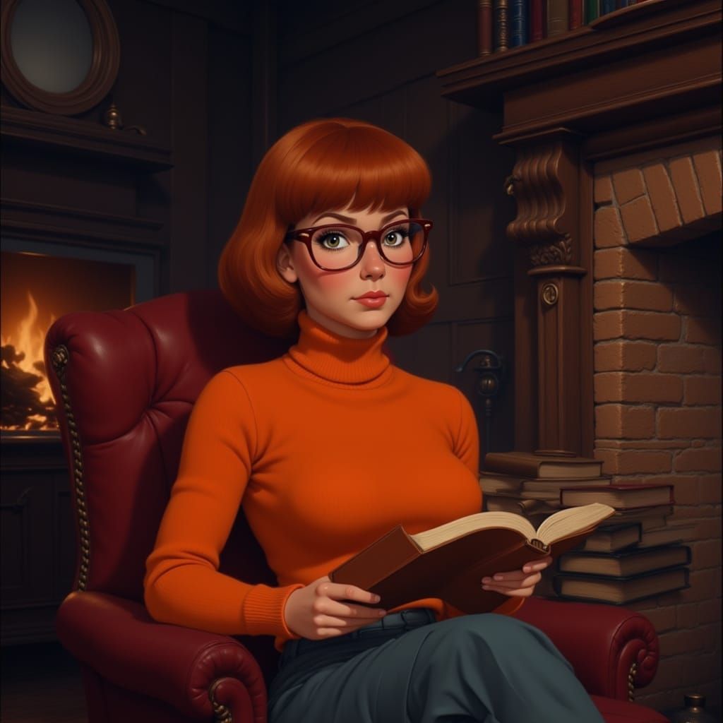 Velma Dinkley Reading by Fireplace in Cozy Library