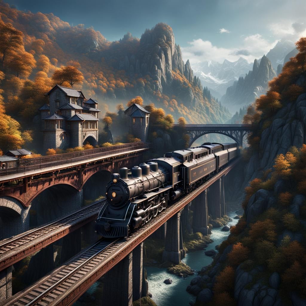 Train on Bridge: Detailed Matte Painting in Rural Mountains