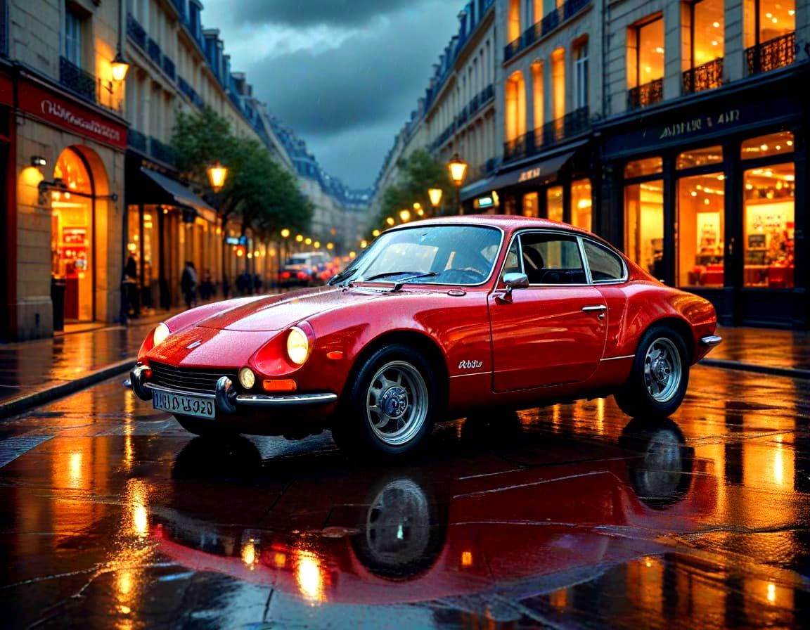 Red Alpine A110 in Rainy Paris Night, Impasto Painting