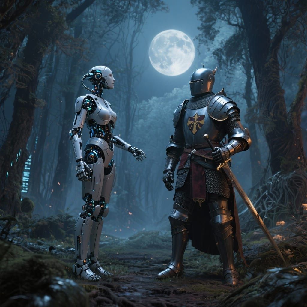 Medieval Knight Meets Cyborg in Moonlit Forest