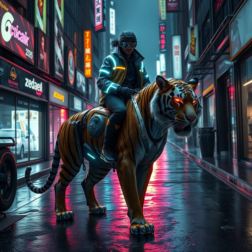 Cyberpunk Tiger Rider in Neon Alleyway