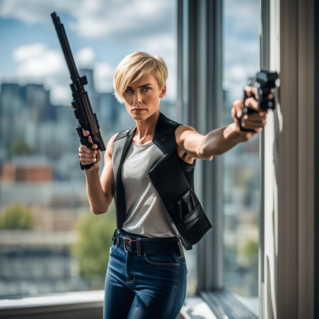 Focused Woman with Gun in Professional Photography