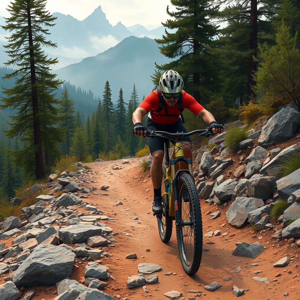Mountain Biker on Rocky Trail in Digital Painting Style