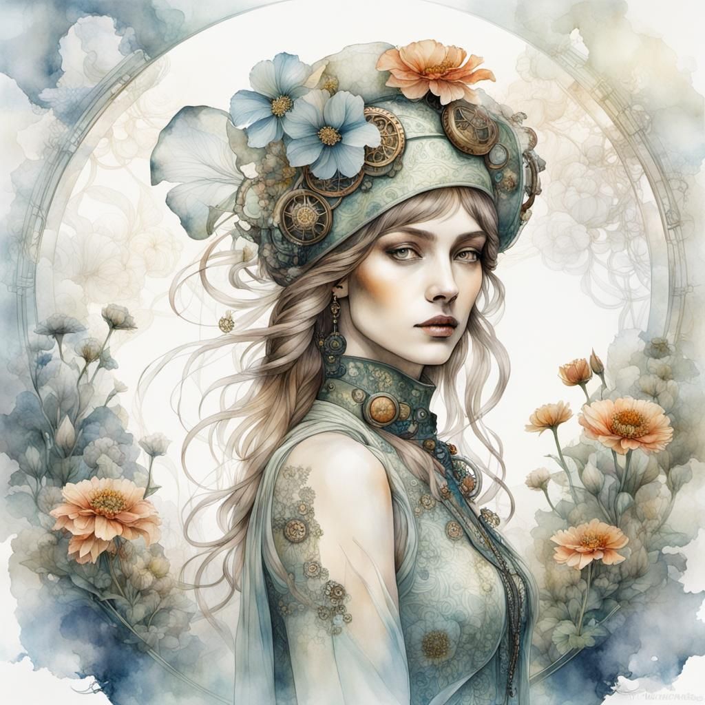 Art Nouveau Steampunk Girl Surrounded by Flowers