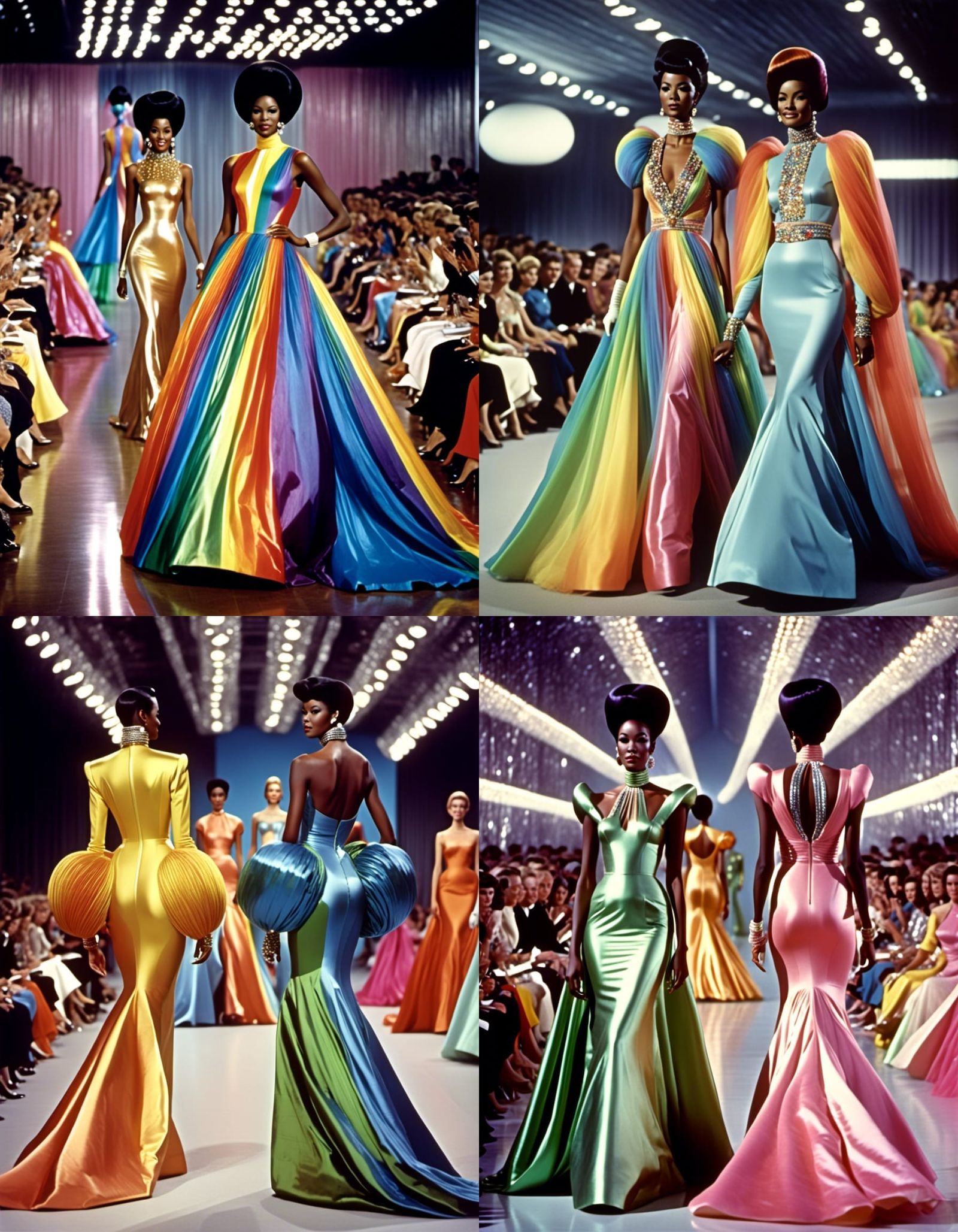 Rainbow Latex Ballgowns on Runway, Photorealistic