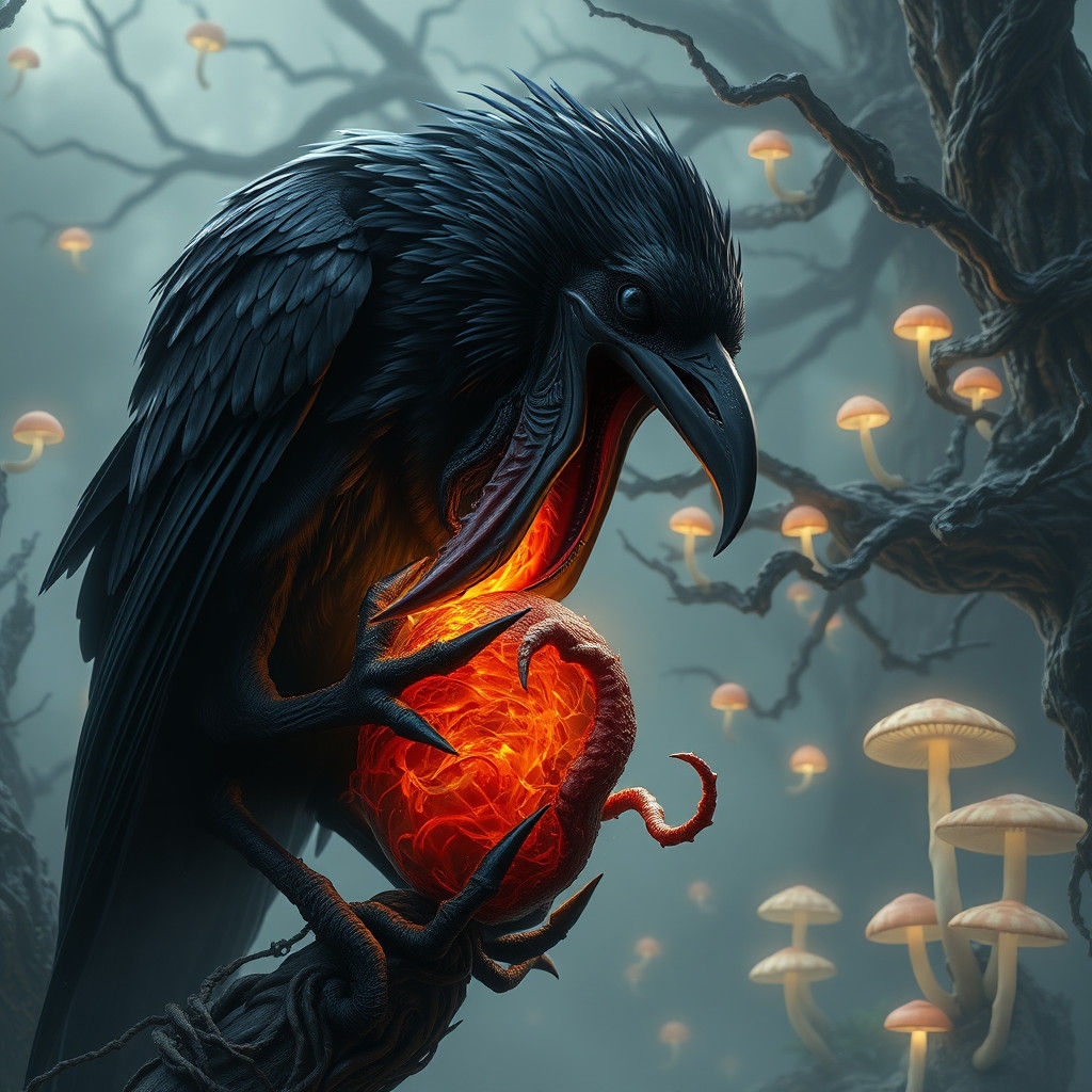 Iridescent Crow Devouring Mass in Mystical Forest