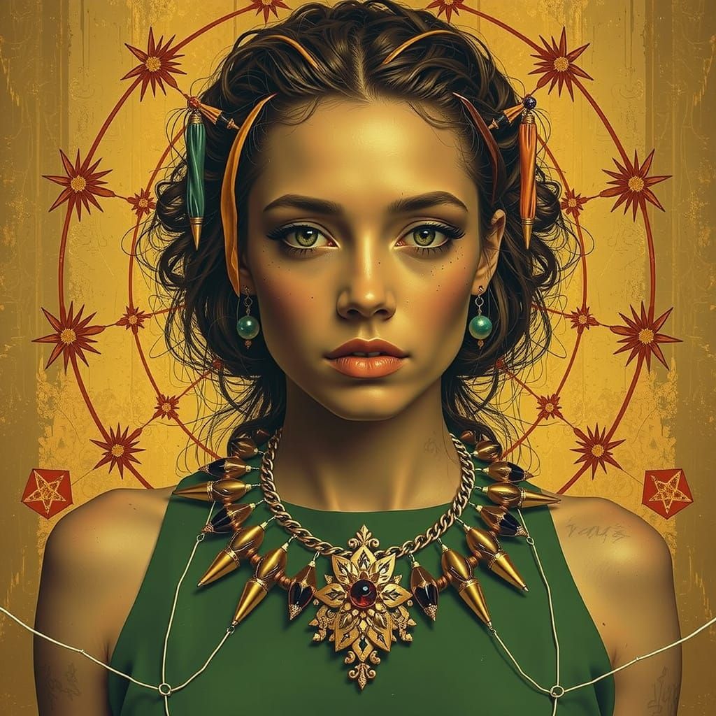 Vibrant Geometric Hyperrealism Art in Vermillion, Yellow, Gr...