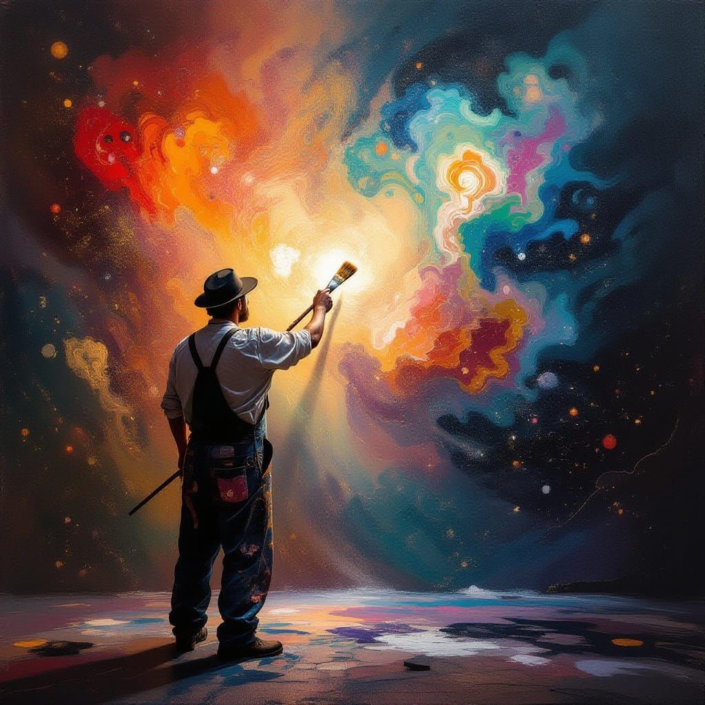 Artist Confronts Cosmic Abstract Canvas