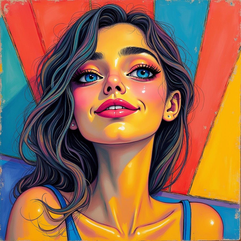 Abstract Portrait of Radiant Woman in Hockney Style