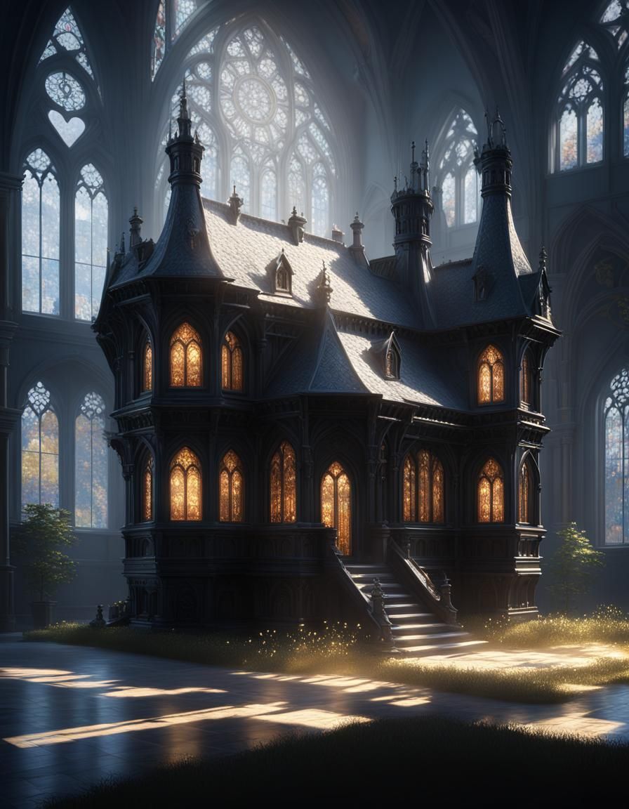 Beautiful gothic house painted black& ethereal vibes& whimsical vibes& beautiful craftsmanship vibes& hyperdetailed intr...