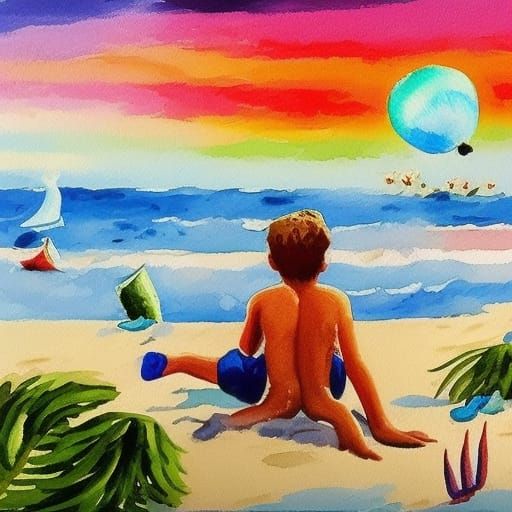 Beach Birthday with UFO in Gouache Style