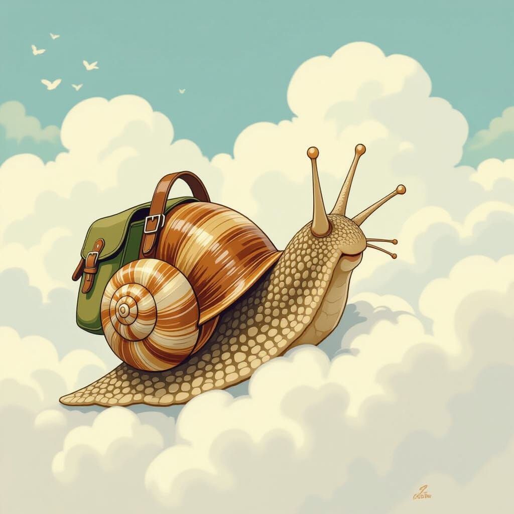 Whimsical Snail in Clouds, Storybook Illustration