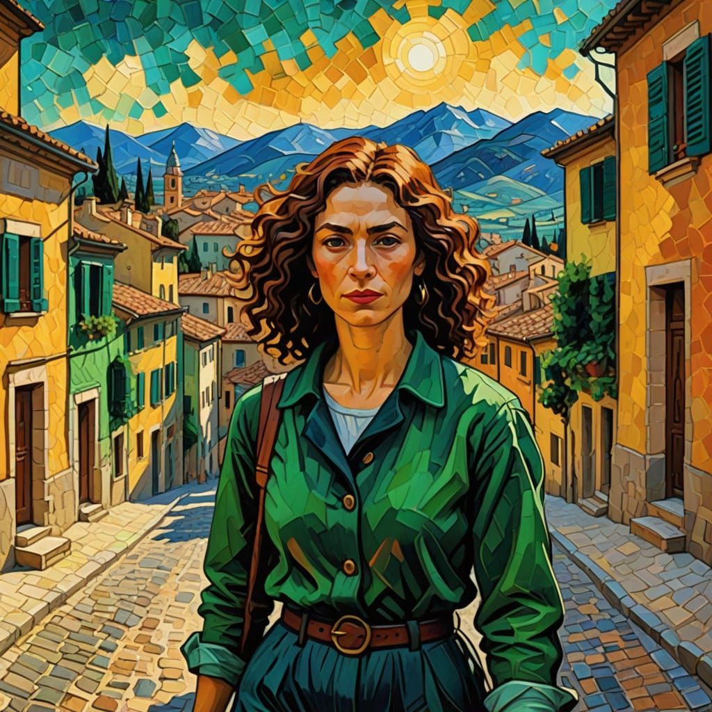 Vibrant Italian Woman in a Small Town Landscape