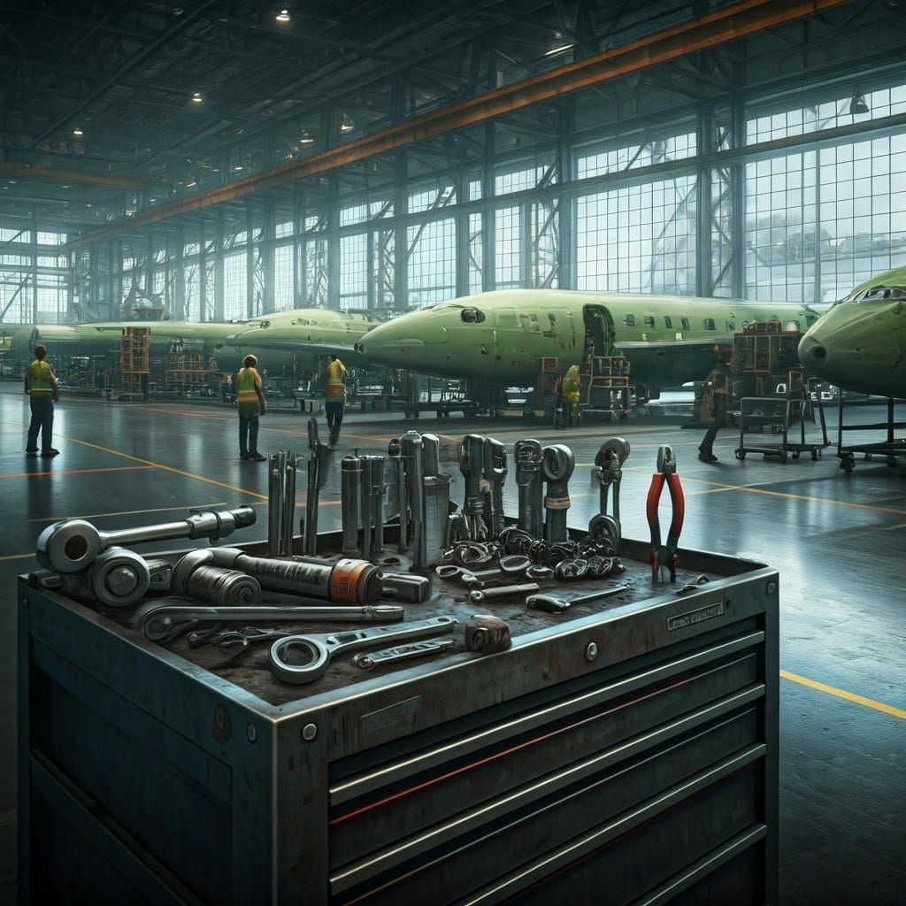 Ultra-Realistic Workshop Scene with High-Tech Tools and Airc...