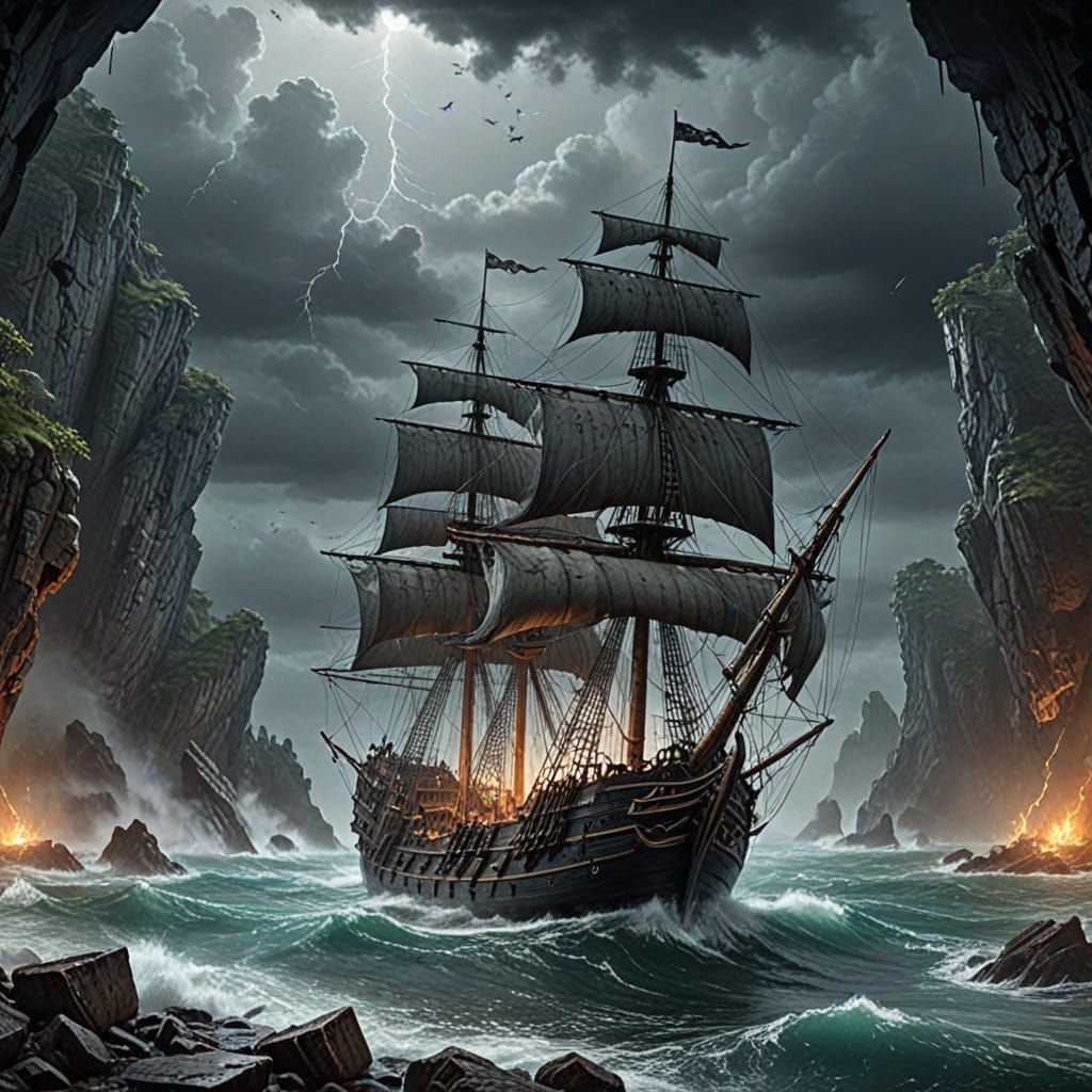 Haunting Fantasy Art of Island of Lost Ships at Night
