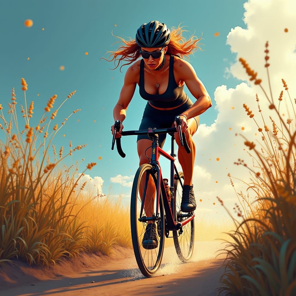 Hyperrealistic Cyclist on Trail in Splash Art Style
