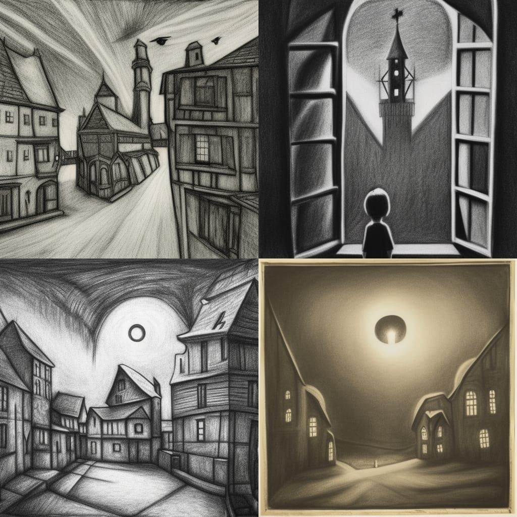 Night in Medieval Village with Giant Sky Creature