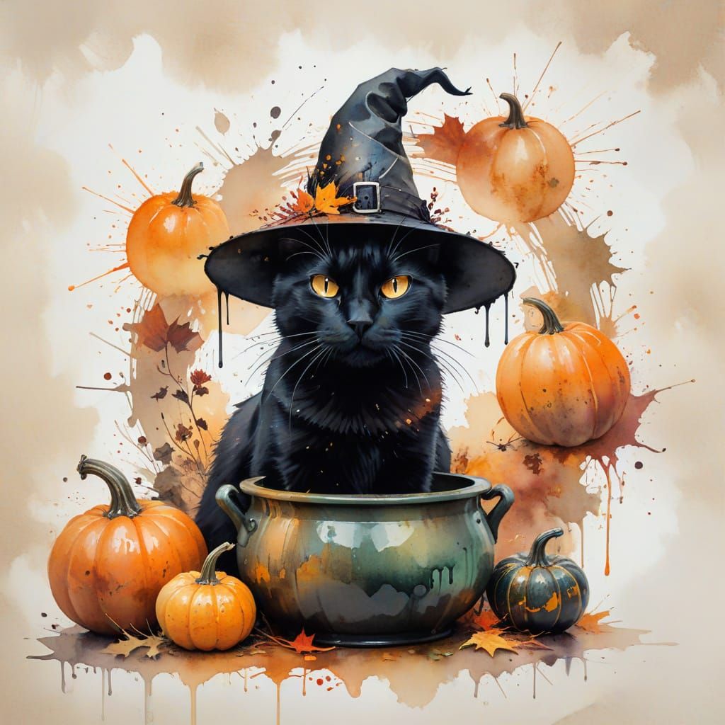 Black Cat Witch in Autumn Morning Watercolor