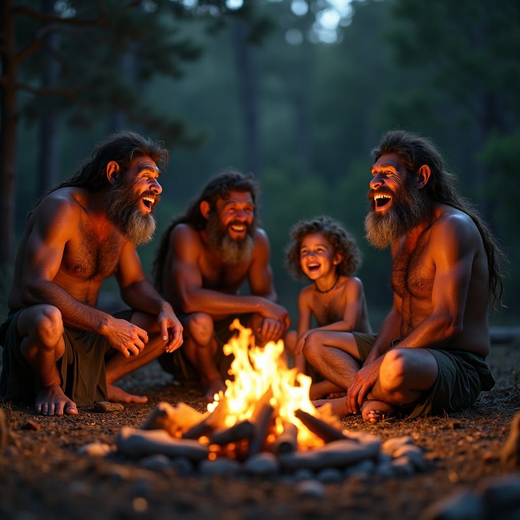 Neanderthal Family Laughing Around Campfire Photo