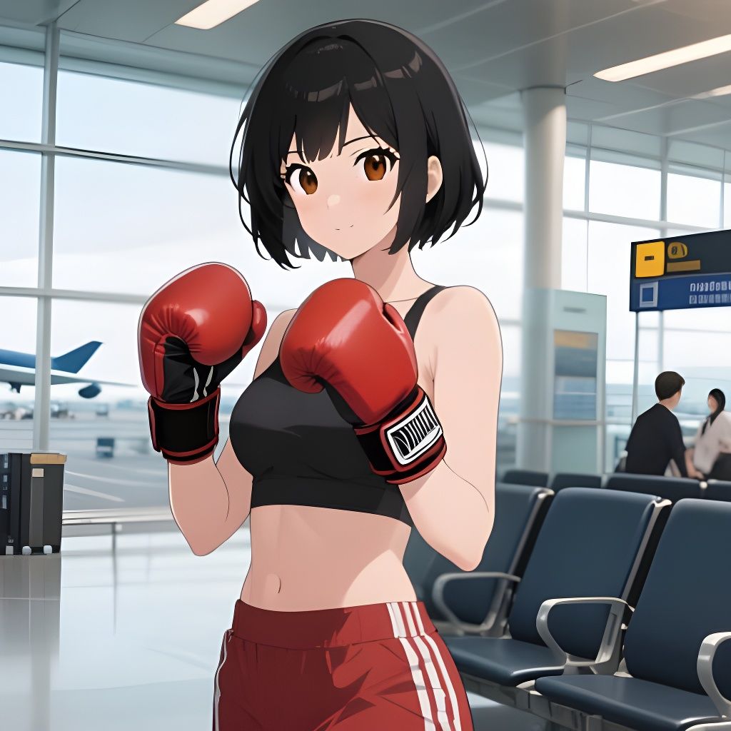 Anime Woman in Boxing Gloves at Airport