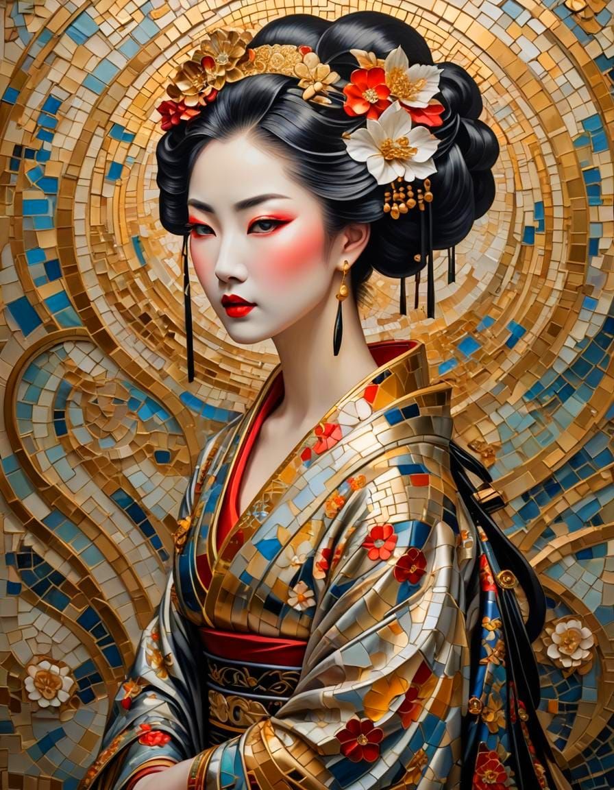 Elegant Geisha Portrait with Mosaic Wall in Art Nouveau Styl...