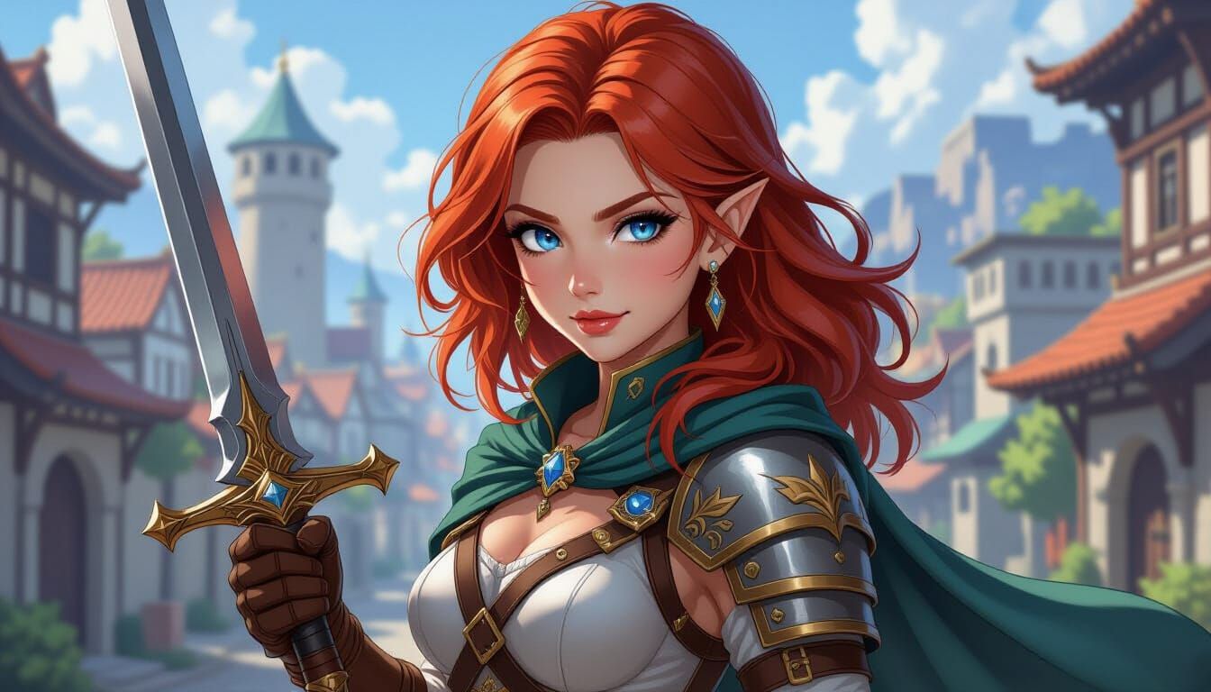 Female Warrior With Sword Outside City In D&D Style