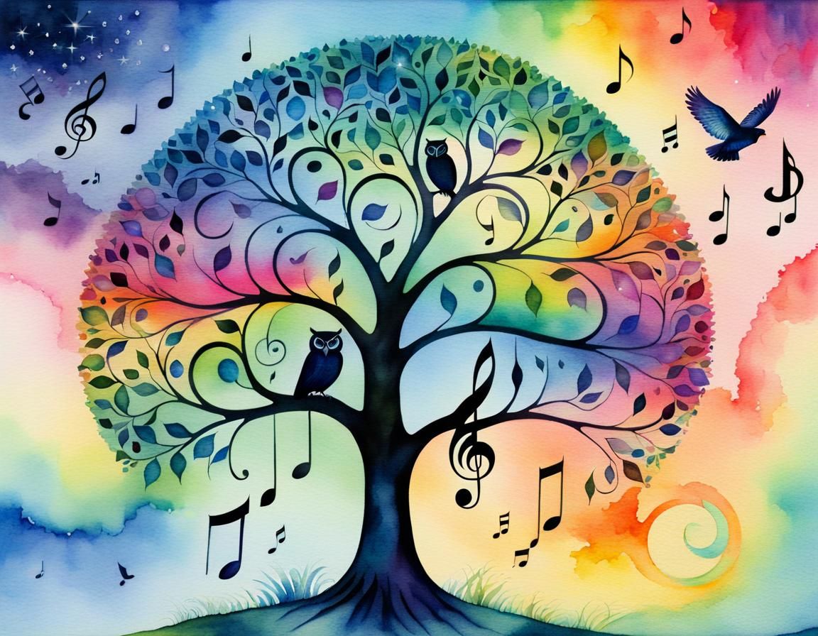 Surreal Watercolor Music Tree with Crystalline Owls
