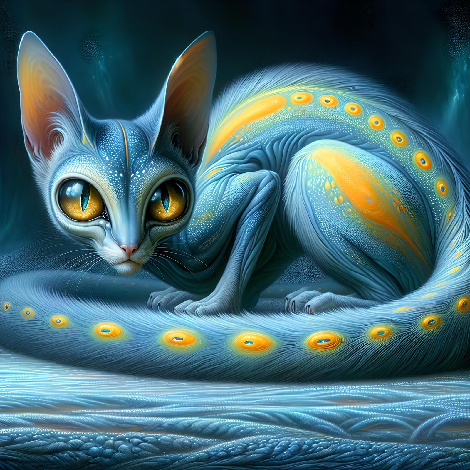a graceful alien cat with enormous amber eyes and cyan fur with yellow orange spots arches its back as it watches the vi...