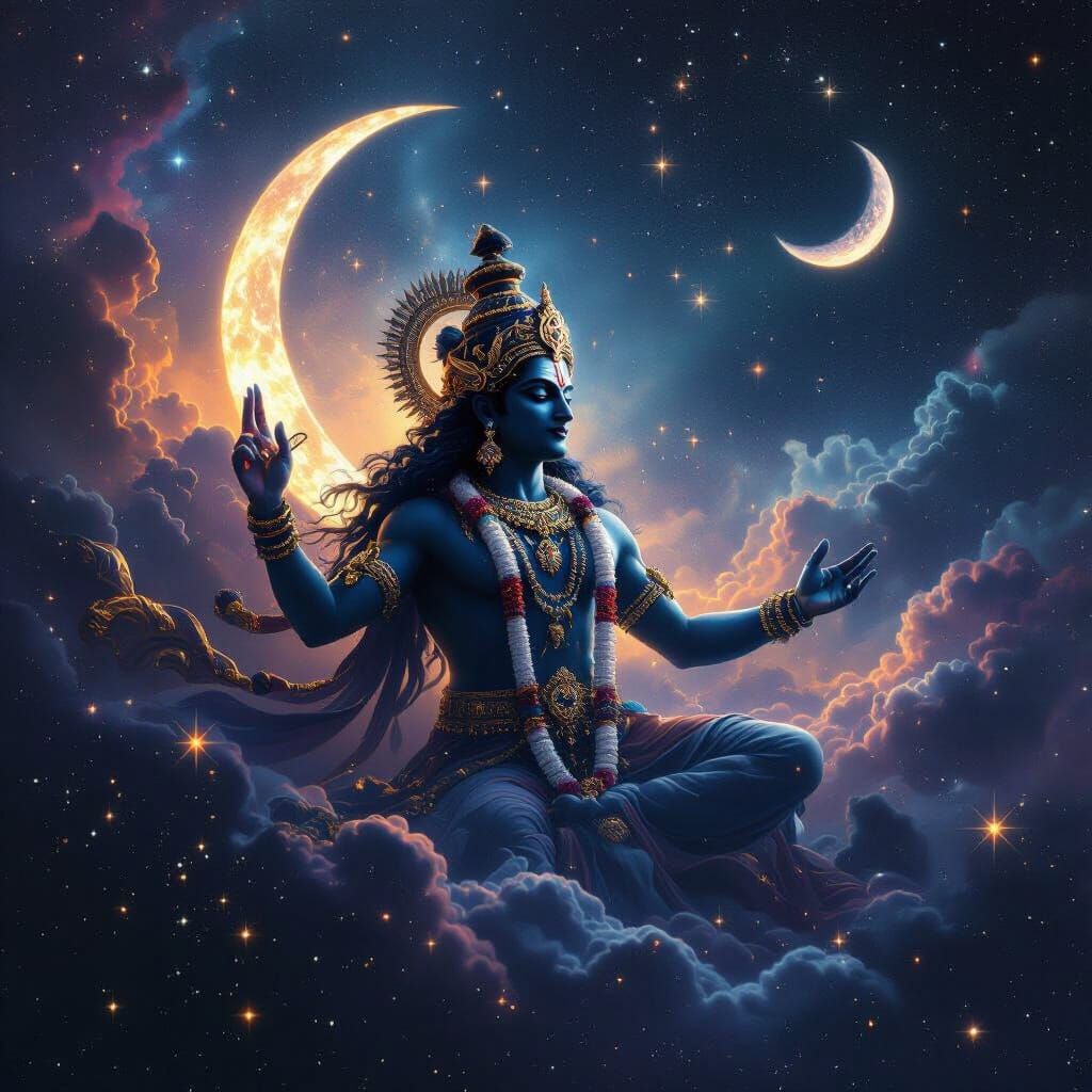 Lord Shani in Cosmic Space with Stars and Crescent Moon