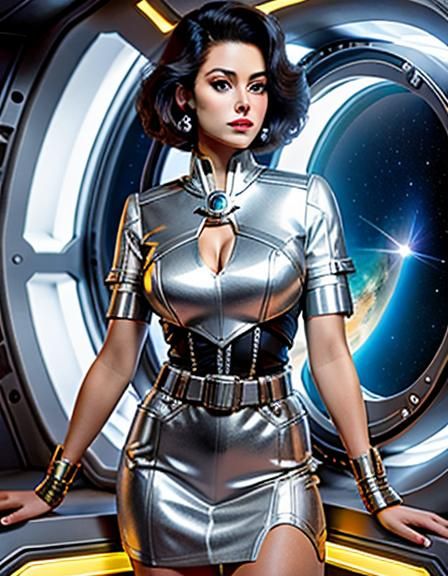 Retro Sci-Fi Pinup Space Woman in Spaceship Cabin