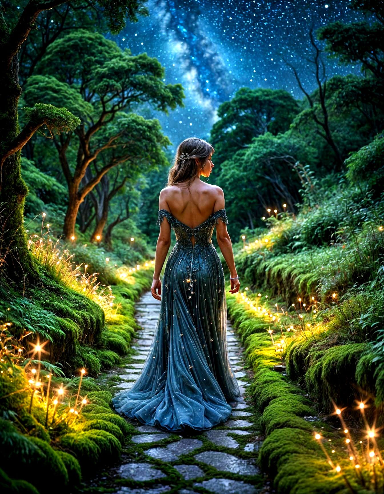 Ethereal Woman Strolls Amidst Mossy Pathway in a Celestial L...
