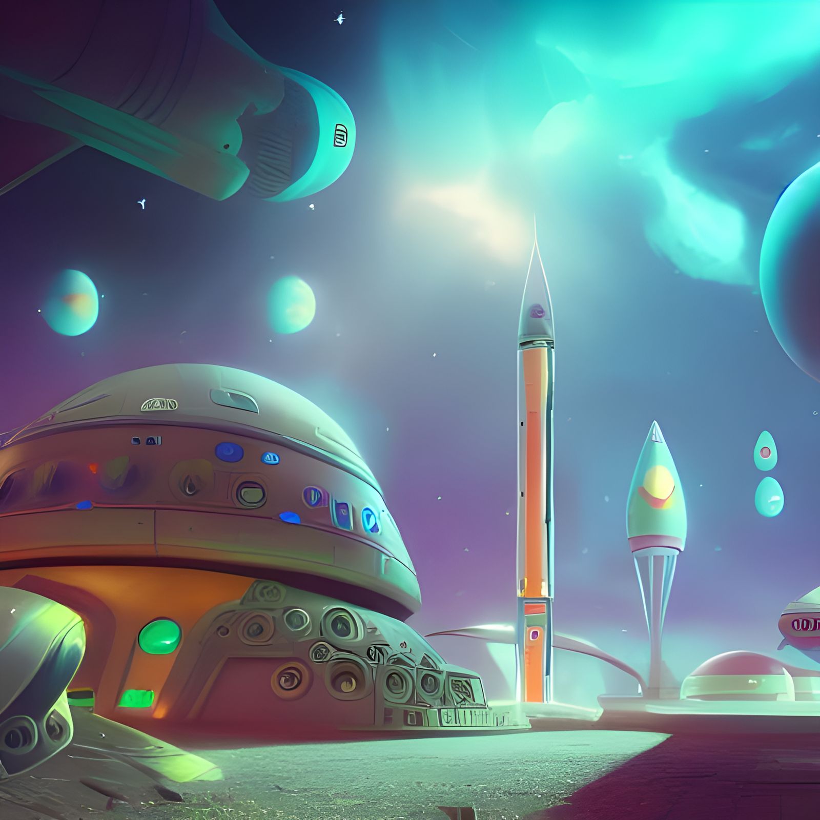 Gnome Mushroom Spaceport: Cosmic Futuristic Art