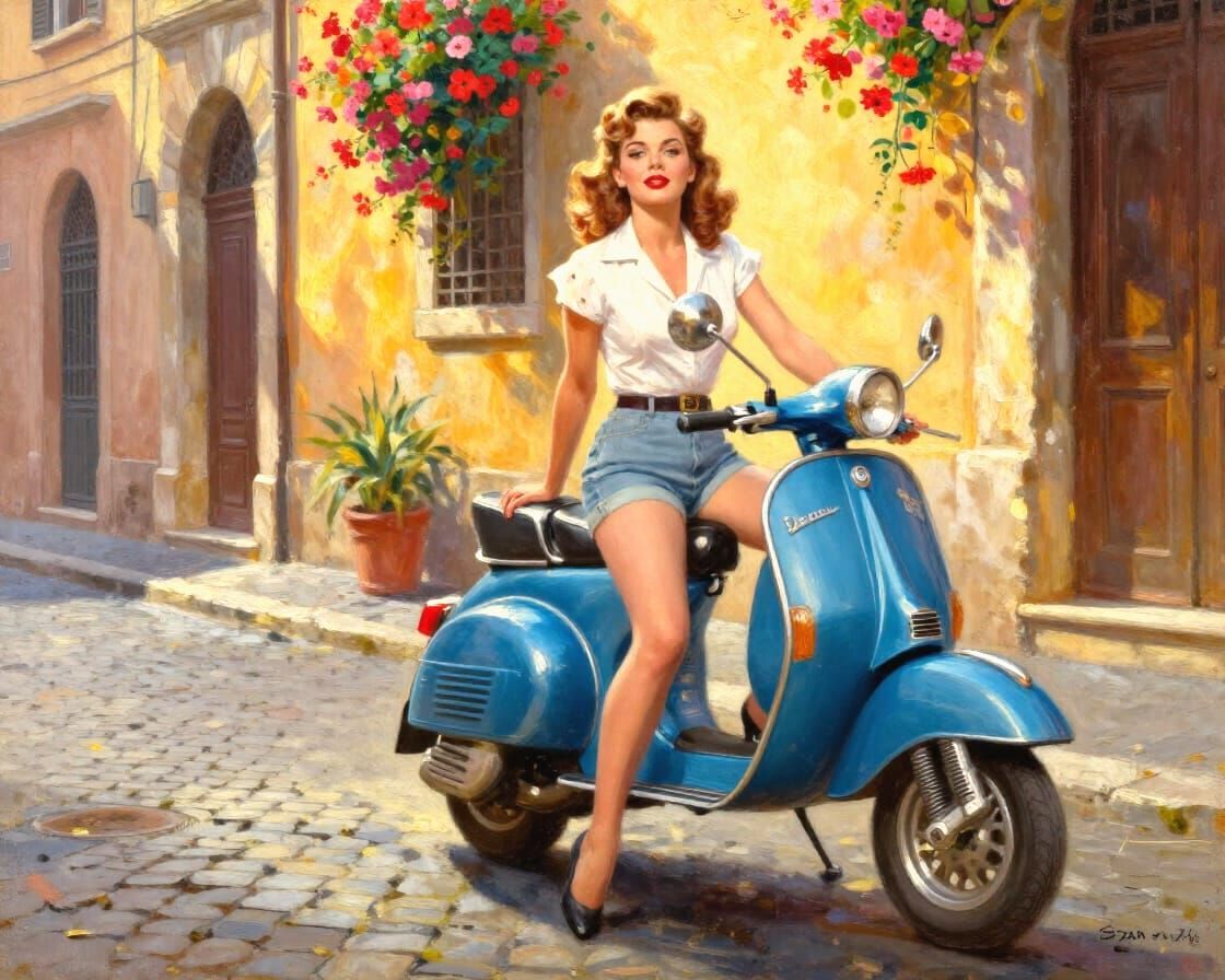 Italian Pin-Up Girl Poses on Blue Vespa in Rome