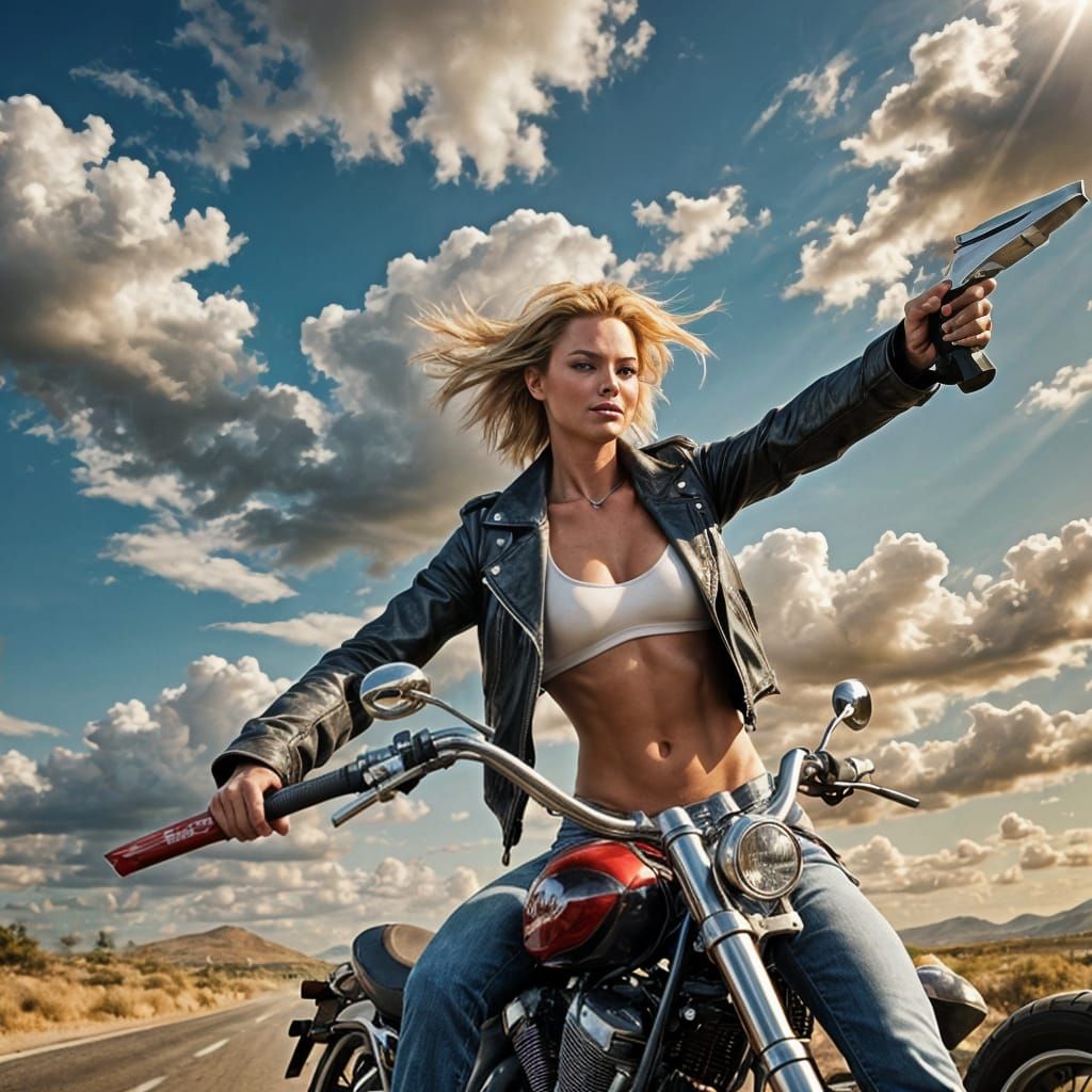Jaime Pressly on Motorcycle with Knife